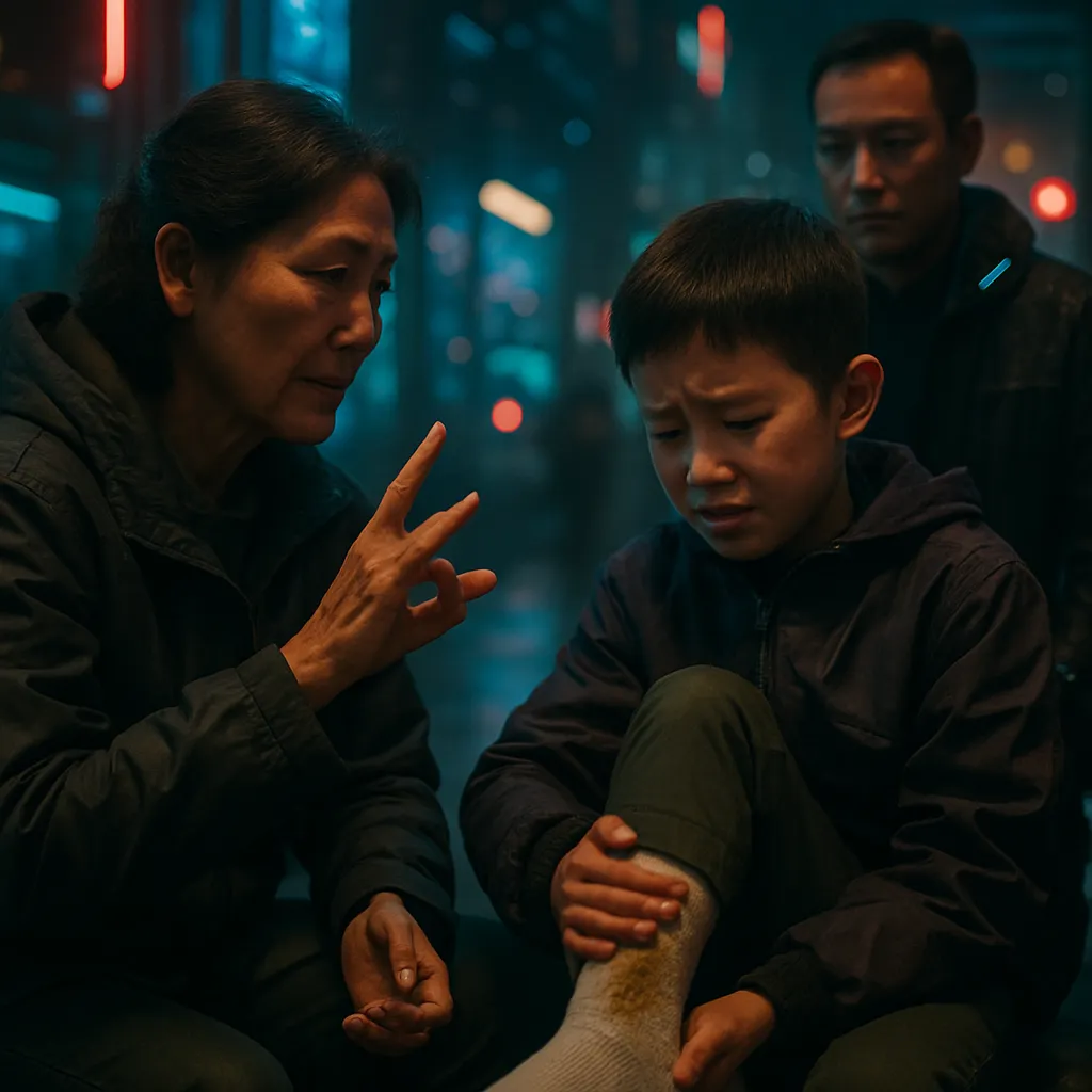 The dreamer switches to hand signals to communicate with someone, possibly their mother, for better understanding. Later, a boy's sock gets stained, causing embarrassment, but the dreamer views it as a minor issue.