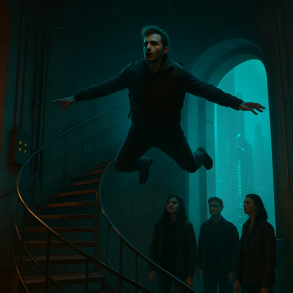 The dreamer is in a tower with others and suggests they can fly to their destination by realizing it's a dream. The dreamer struggles with staying airborne, feeling out of practice.