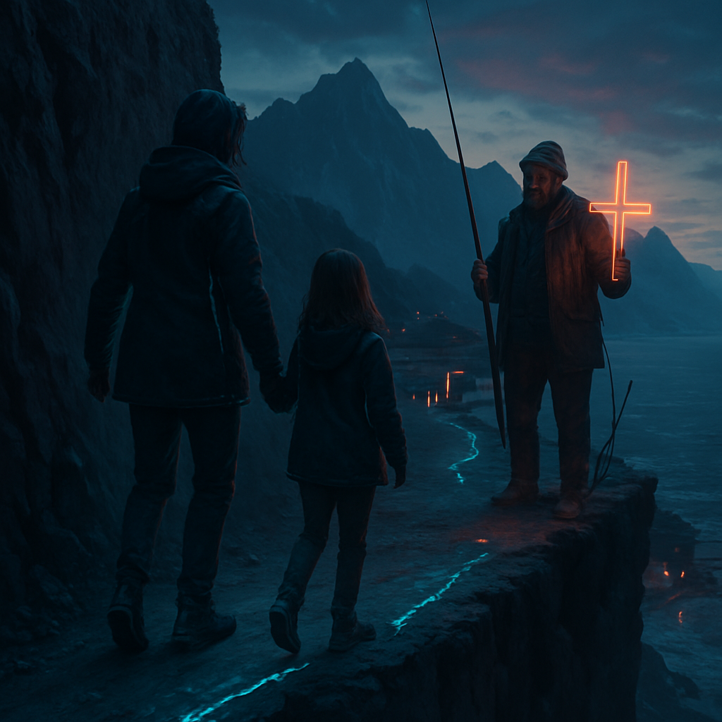 The dreamer walks with a child on a narrow path along a cliff, signifying concern for future decisions regarding education and care. A fisherman offers to lead the child to safety, hinting at new opportunities. The dream ends with a vast view of mountains, signaling potential and higher knowledge.