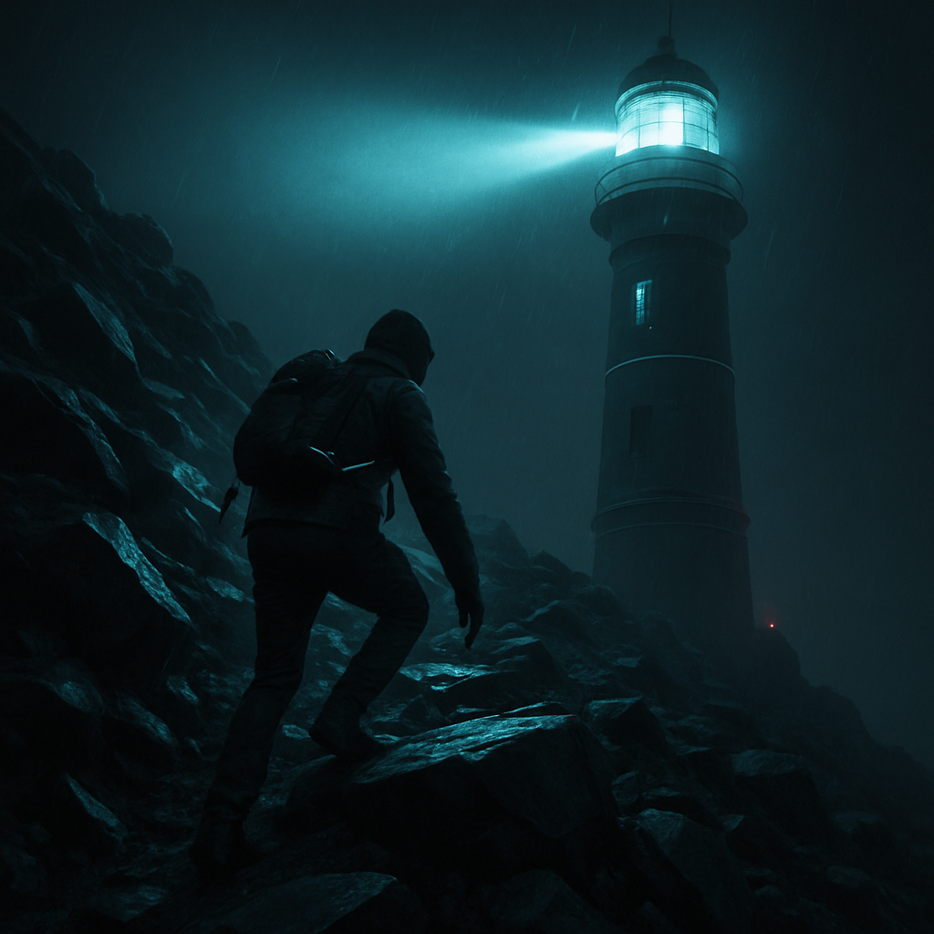 Dreamer is climbing a steep, rocky slope towards a lighthouse. Alternating between light from the lighthouse beam and complete darkness.