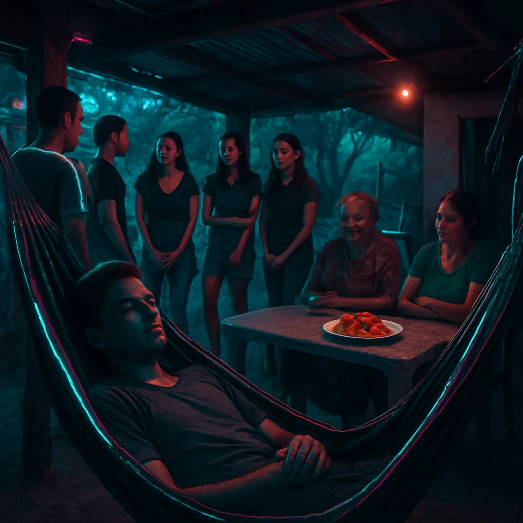 The dreamer finds themselves in Corozal at their grandmother's house. A social game ensues, leading to feelings of exclusion. After a period of participation, the dreamer seeks solace in a hammock, feeling timelessness. Ends with a familial meal.