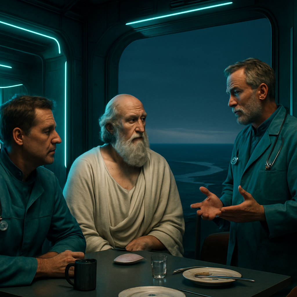 In the dream, the dreamer listens to doctors discussing cold baths and a recommendation by Hippocrates, and later interacts with them. The conversation shifts to health, future plans, and a prophetic insight about extended life due to engagement in rhetoric.