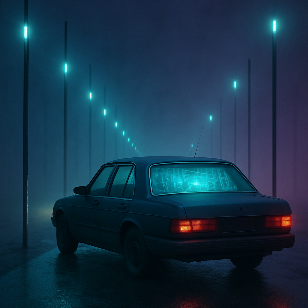 The dream involves participating in a mysterious investigation, with a dark blue car carrying secret information as it navigates past thin poles.