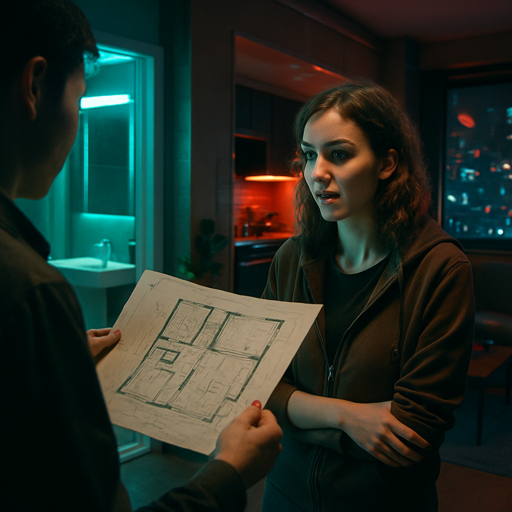 The dreamer aims to gather people in a room initially perceived as a bathroom, which then transforms into a pleasant apartment upon viewing the plans. The dreamer observes architectural details and listens attentively to Marissa.
