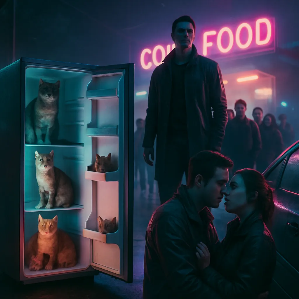 The dream involves placing cats in a refrigerator for safekeeping but realizing the risk involved. It transitions to witnessing a tall male figure being followed by people, highlighting superficial popularity. The dream ends with a pleasurable yet questionable intimate moment with the dreamer's wife.