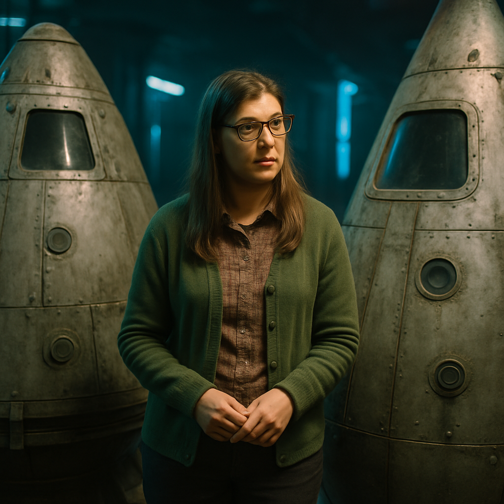 The dreamer finds themselves interacting with Amy from the 'Big Bang Theory' with an unspecified task while contemplating two large gray pointed objects akin to space capsules and facing uncertainty about their purpose.