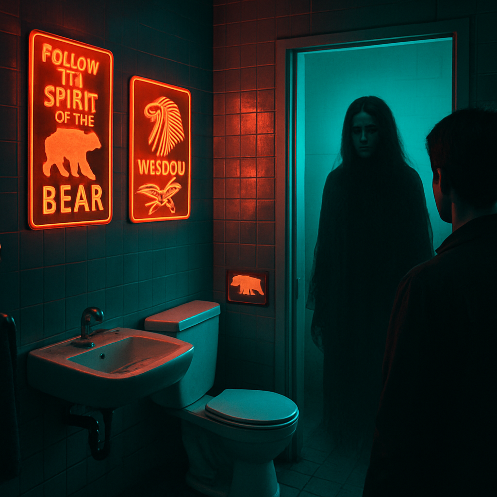 The dreamer visits a bathroom with Native American cultural symbols, where they notice a ghostly figure following someone. This evokes a sense of surprise and prompts reflection on being followed or haunted by past elements.