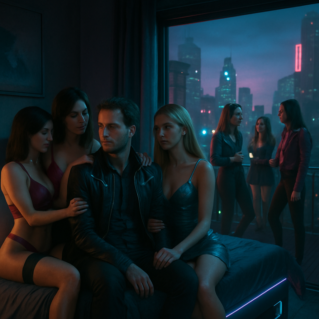 The dreamer is in an intimate and surreal scenario with a lover and two sex workers, experiencing a situation that is both compelling and conflicted. The dream transitions into a social scene where the dreamer engages with younger women. The dream oscillates between feelings of empowerment and surrender.