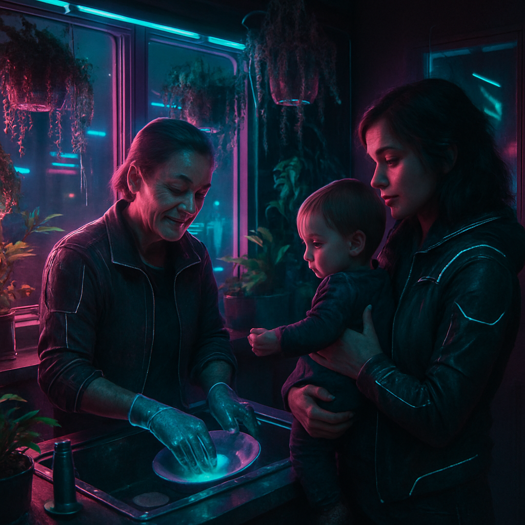 In an unfamiliar house, the dreamer washes dishes with a kind but usually unkind mother, amidst healing and beautiful plants. The dreamer also interacts lovingly with a toddler son, realizing the need for emotional connection.