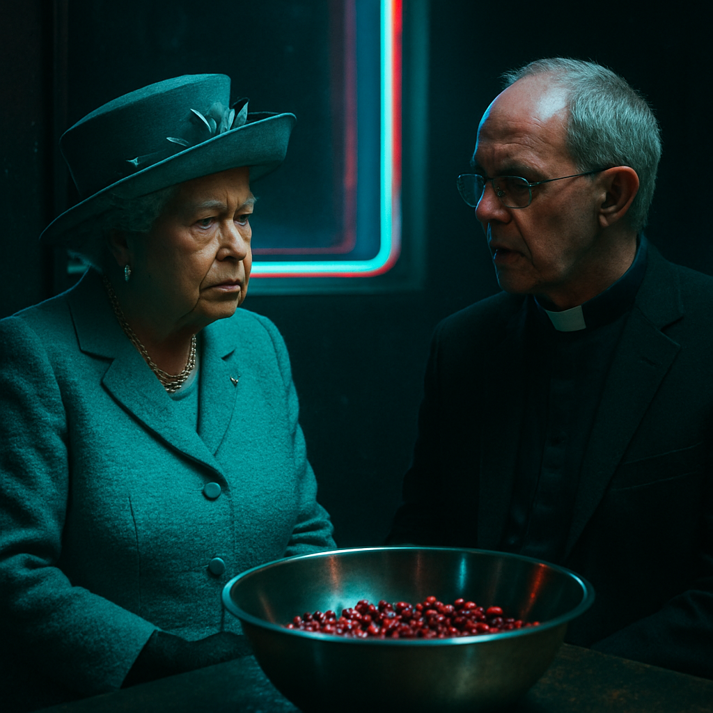 During a time of crisis, the dreamer hears about the Queen of England's meeting with a church leader, while also observing pomegranate seeds swirling in a dark bowl.