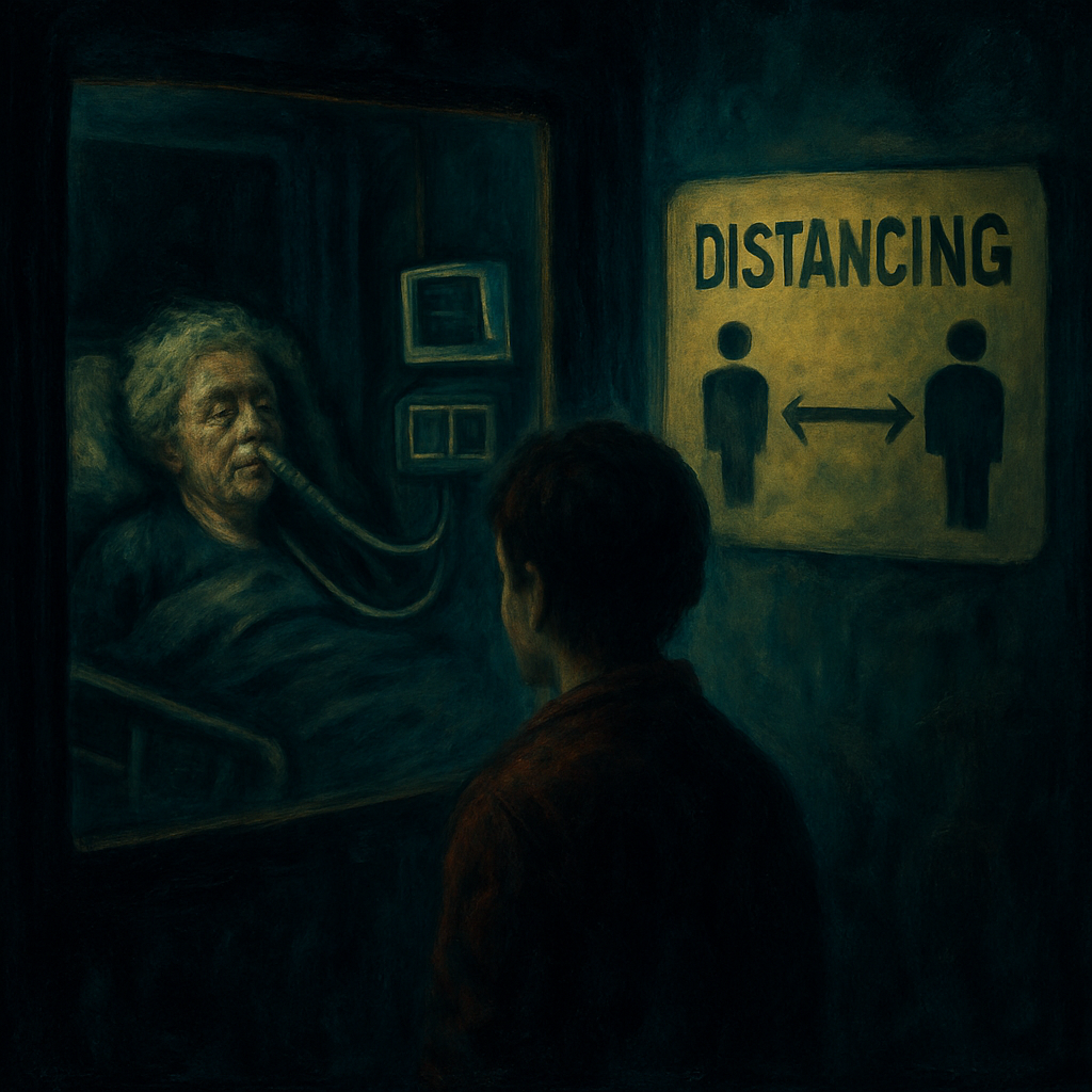 The dreamer watches their grandma on a ventilator, feels sad seeing a sign about distancing, and realizes they're not allowed in the hospital.