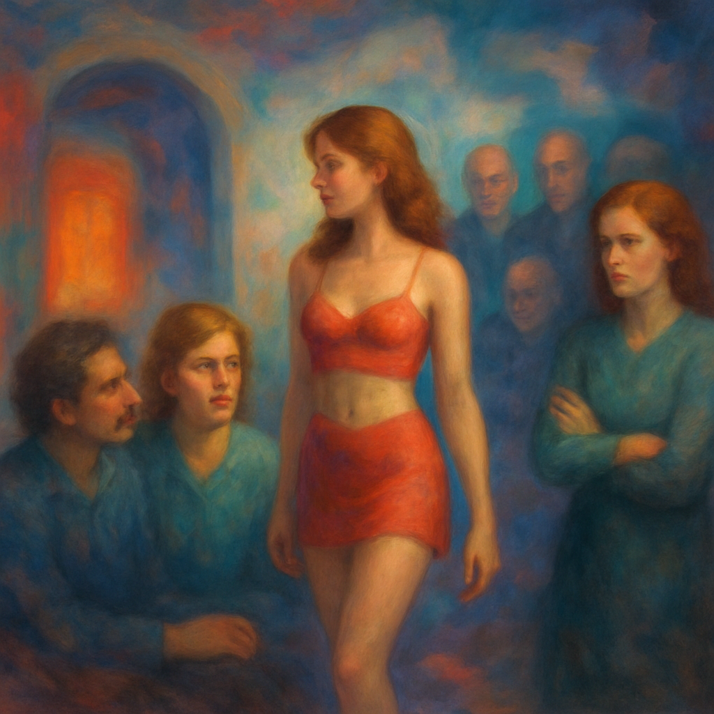 The dreamer is with their late husband's best friend's wife, Candace, and her younger sister, who is dressed provocatively. The dreamer feels uncomfortable with the older men leering at the sister and suggests she put more clothes on, but is called a prude, causing anger upon waking.
