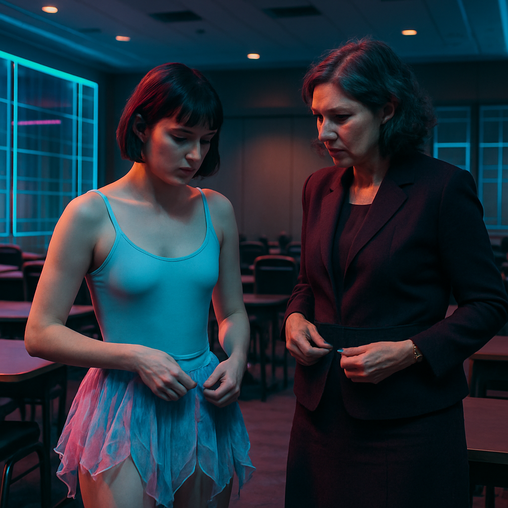 The dreamer is in a hotel conference room with their mom, wearing a light blue leotard and a flimsy skirt. The dreamer feels insecure about the skirt, noticing their mom's skirt is secured with elastic and asks to borrow some for security.