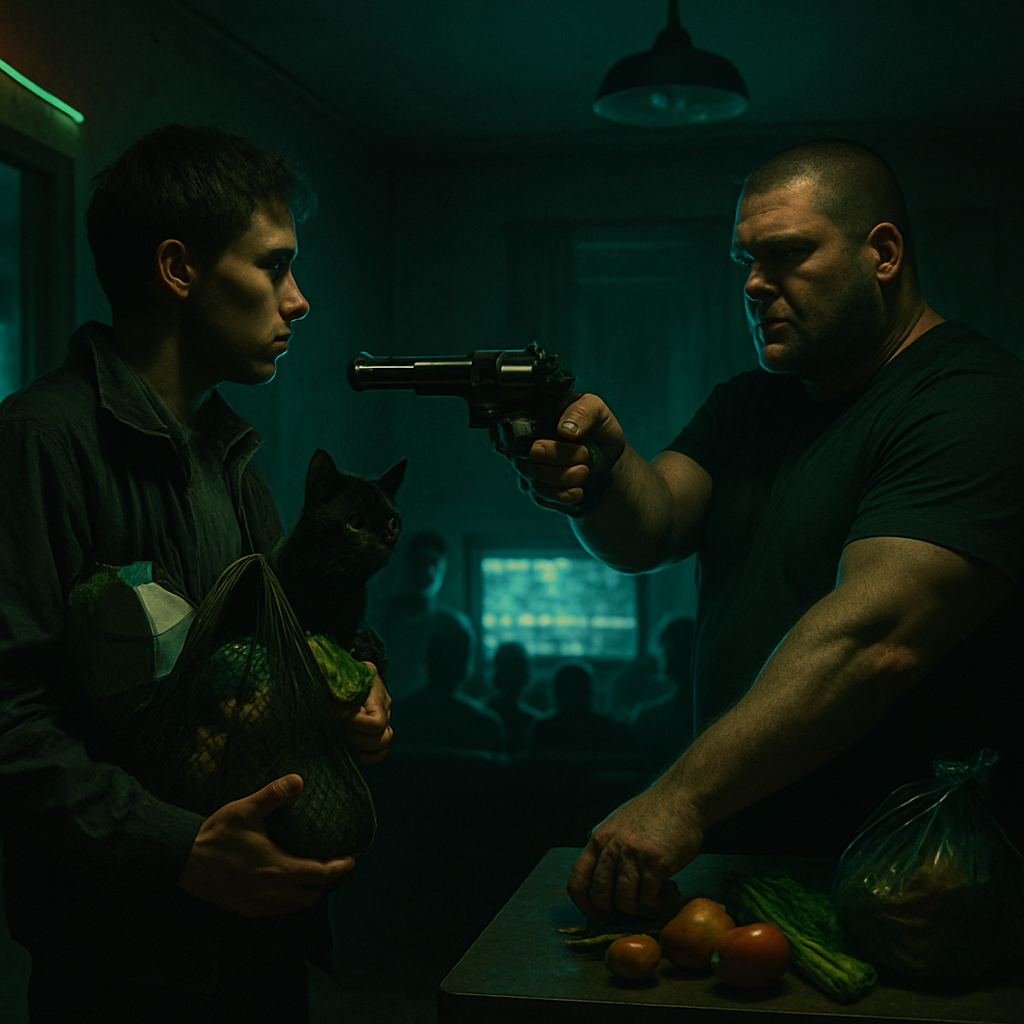 The dreamer finds themselves in a house filled with people, uncertain whether to present their group's activity. They confront a threatening man with a .44 magnum gun, resolving the conflict through understanding. The dream reflects themes of responsibility, conflict resolution, and internal confrontation.