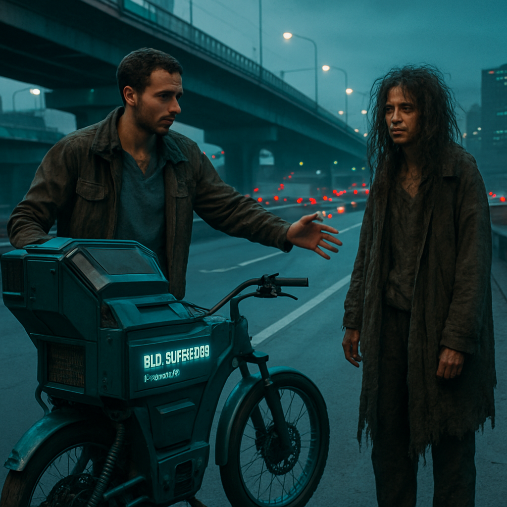 The dream features a blue bike that doubles as a chipper-composter and a disheveled woman standing dangerously in freeway traffic. The dreamer feels disappointed about not inventing the bike, but compassionately attempts to help the woman.