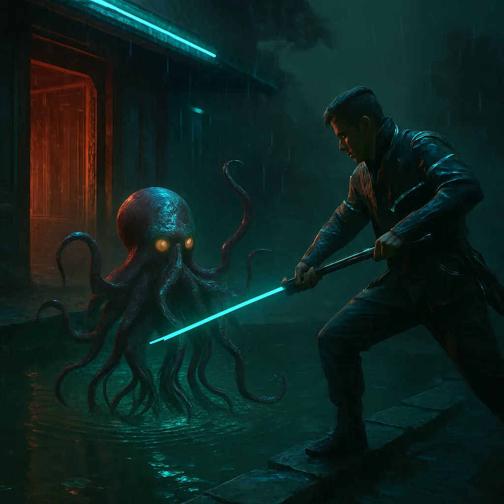 In a mystical setting, an octopus-like creature believed to be the priest Shogi's soul enters a house. Girin attacks it with a sword and throws it into a pond, where it sinks to the bottom.