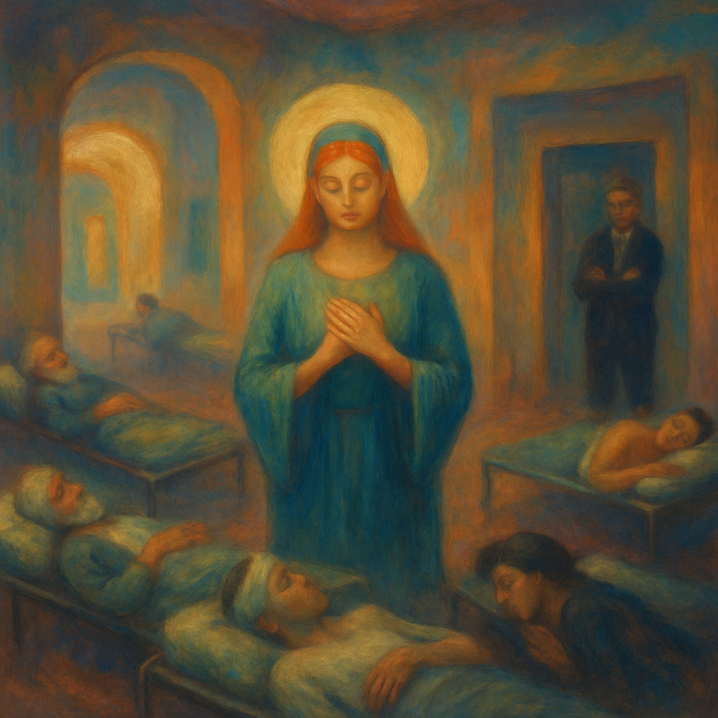 The dream features a studio where people lie wounded in cots, and the dreamer tries to find resources to aid their healing. A conflict arises with the manipulative studio owner, leading to a revelation about compassion and forgiveness.