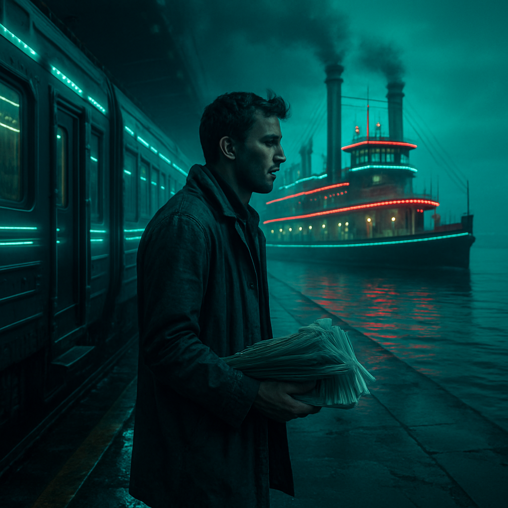 The dreamer transitions from telling someone about their journey from a train to a steamboat, to actually experiencing it. They attempt to collect newspapers before boarding the steamboat but forget to do so.