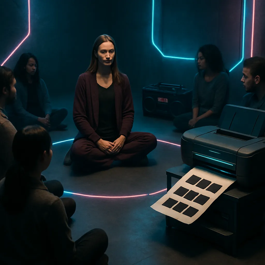 A woman organizes a dreaming circle for a group, with concerns about external help disrupting the process. Music is introduced, further disconnecting from the essence of dreaming. A printed page with unwanted black squares symbolizes wasted resources and expectations.