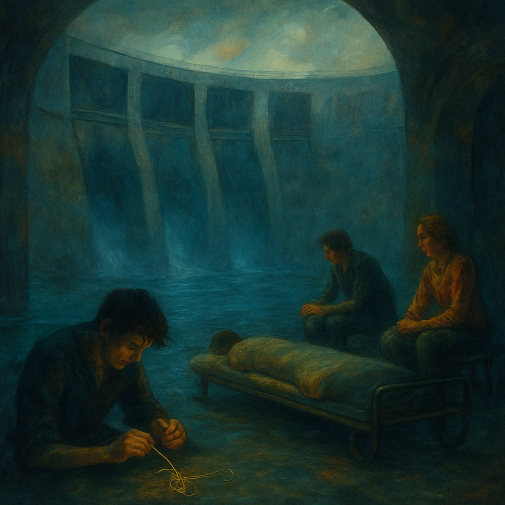 The dreamer is in a grey cement building with three others, practicing techniques to escape by folding wire into shapes. They are sleeping in shifts and are anxious about timing and execution, symbolizing a search for freedom and resolution.