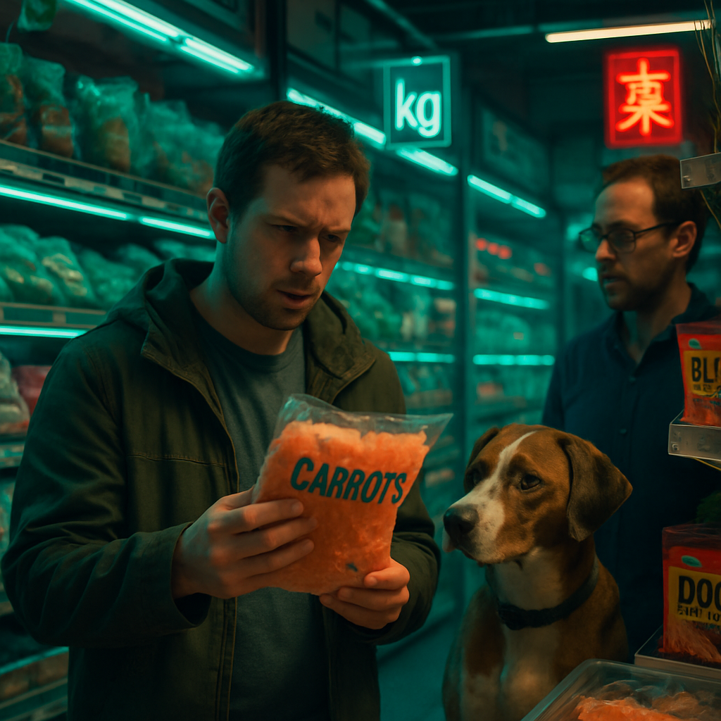 The dreamer visits an Asian grocery store and faces confusion with measurements (kg vs lbs). They pick up frozen carrots, which crumble, and consider but reject dog treats for their pet, Pinto, after consulting Rory.