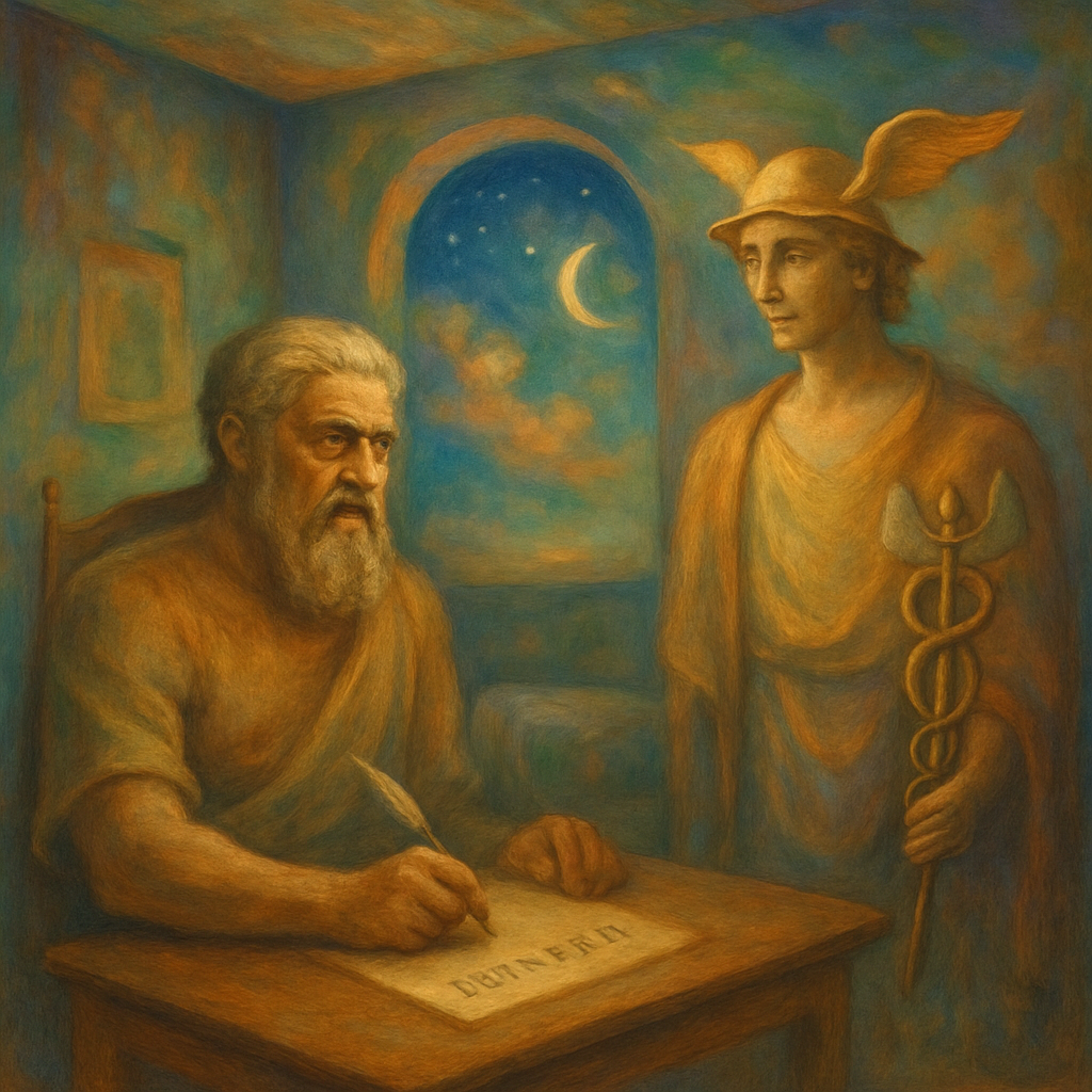 The dreamer encounters Plato in their room, who is angry while writing a letter to Dionysus. A conversation hints at philosophical self-reflection, followed by Plato's transformation into Hermes, indicating divine guidance or a shift in perception.