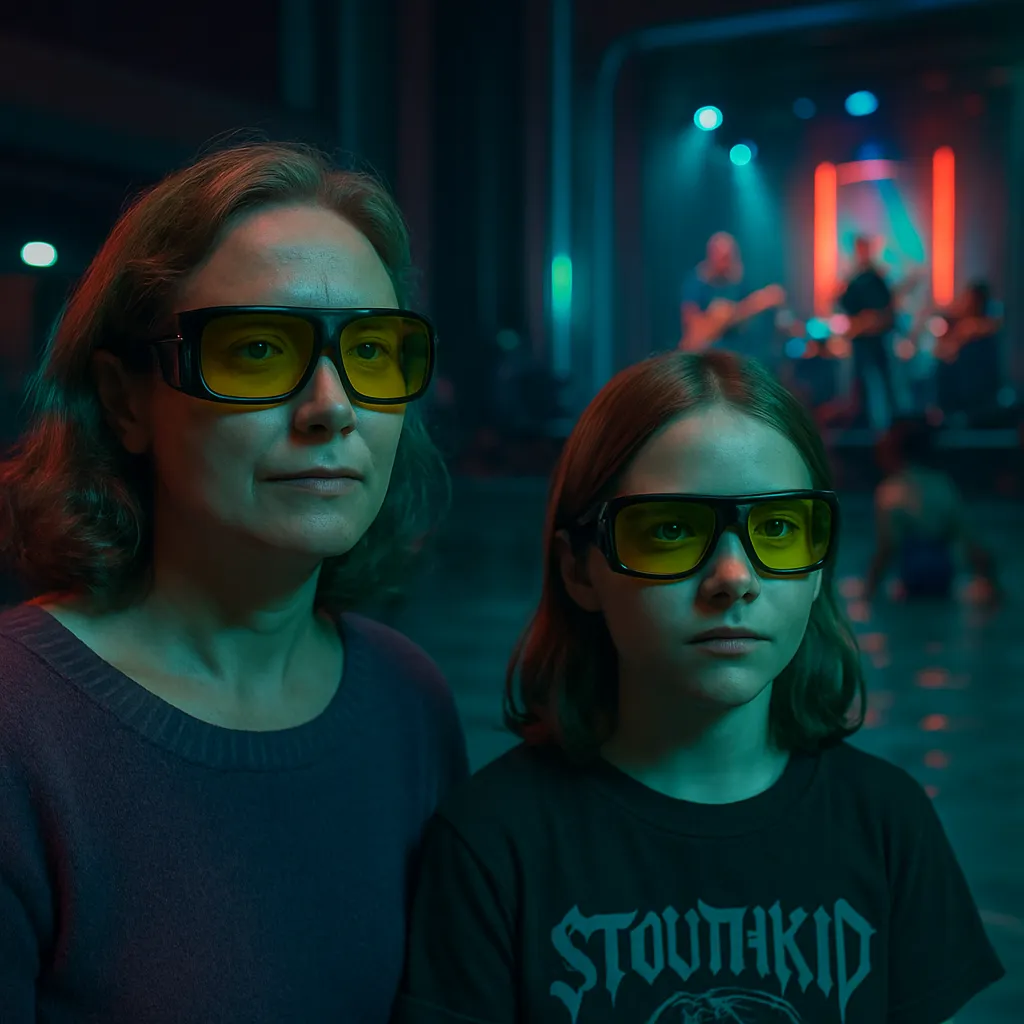 The dreamer attends a concert with their daughter, both wearing protective glasses. Despite skepticism, they perceive themselves as safe. Later, at a pool, the dreamer feels a moment of panic when they cannot initially locate their daughter, who is unharmed and with friends.