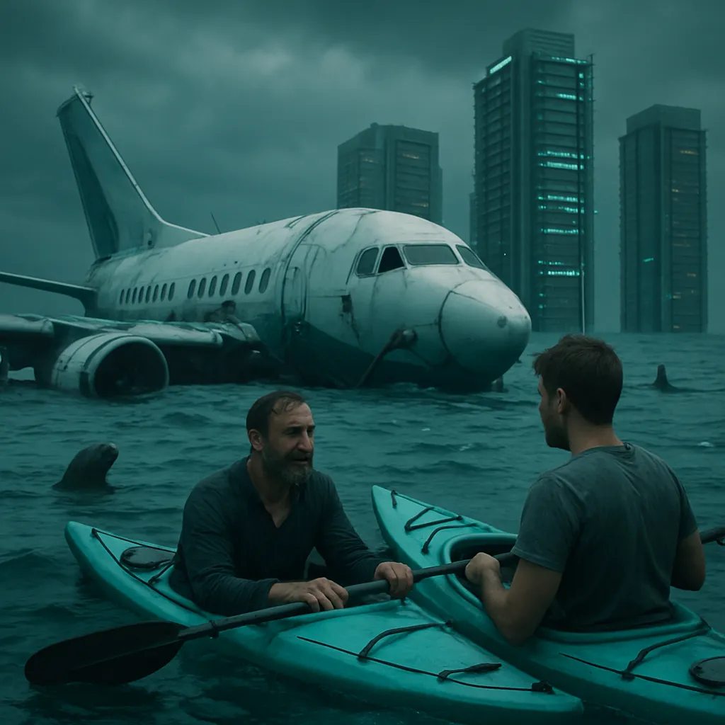 The dreamer finds themselves among buildings in the ocean after surviving a plane crash. They feel the presence of sharks and see a seal, then encounter a man in the water. They discover kayaks and offer one to the man, questioning his lack of fear. He cryptically suggests not flying in hurricanes as an explanation.