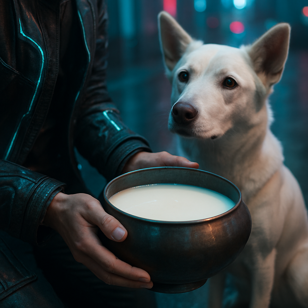 The dream involves holding an alms bowl full of milk, with a white dog wanting to drink it.