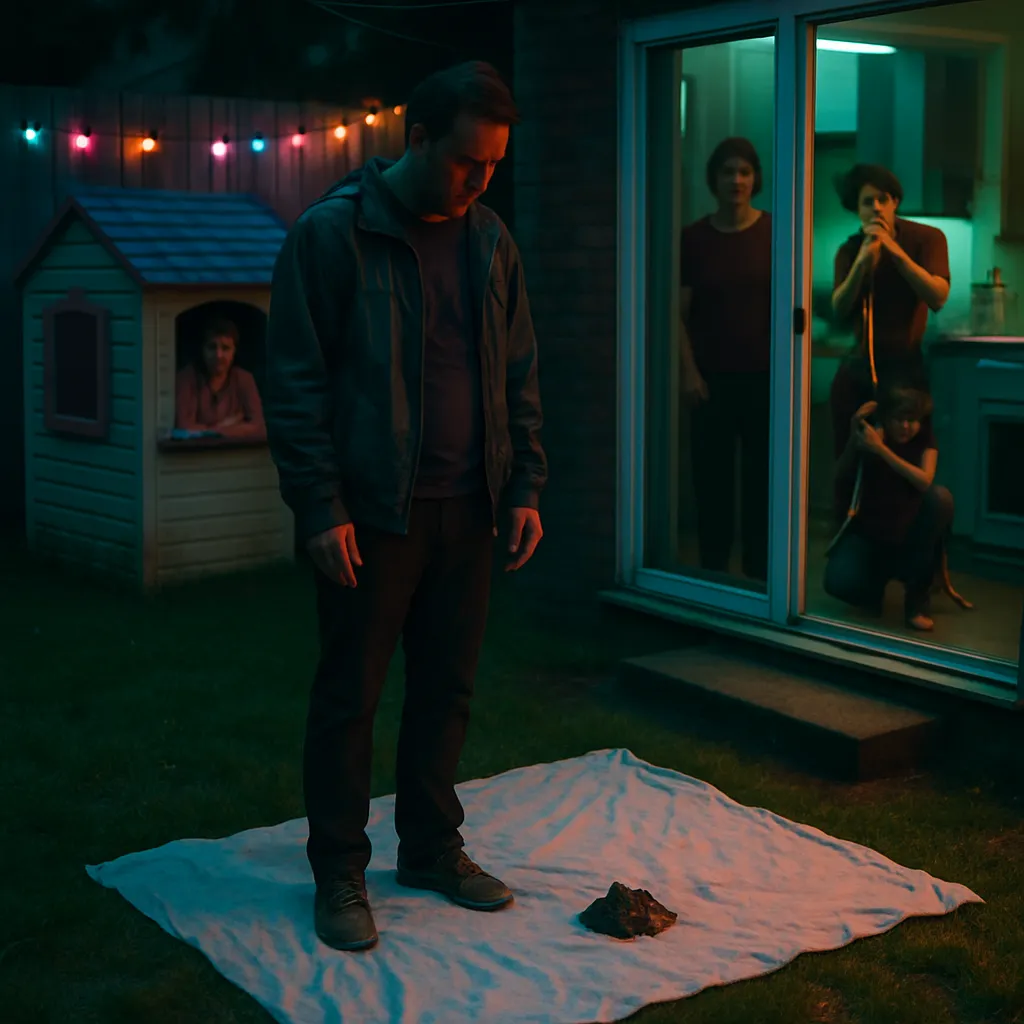 The dreamer steps into a backyard where they find a white blanket with dog excrement and seeks answers from neighbors. They later enter a house, encounter family and friends, and engage in healing rituals.