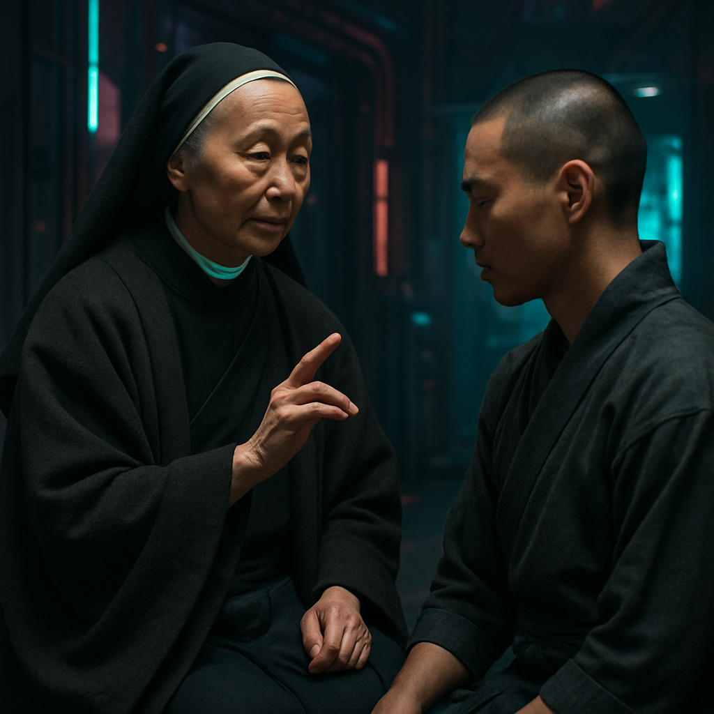 The dreamer meets with a superior figure to instruct them in a personal or spiritual practice, specifically referred to as Nyu gedatsumon gi, suggesting themes of guidance, role reversal, and spiritual growth.