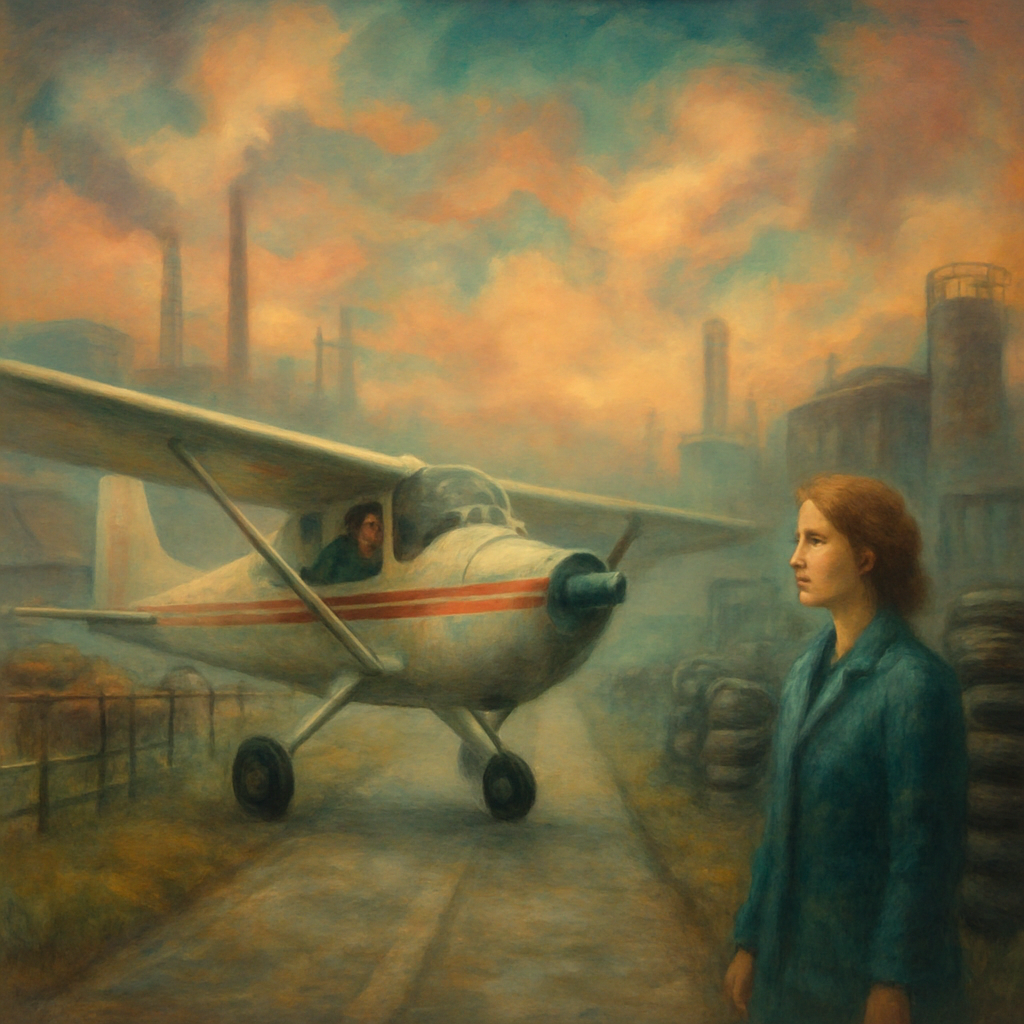 The dreamer is in a small airplane piloted by a skilled pilot, navigating a landing in an industrial area, where they safely land next to a stockyard and stop near a stack of tires. Ann is present, whose opinion seems to interest the dreamer.