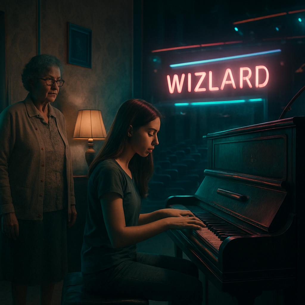 The dream involves a dispute over the authorship of a musical piece, seeking the real author, 'Wizlard,' in a setting blending a grandmother's house with a music auditorium. A young woman, potentially embodying self-expression, plays the piano, and the setting is colorful yet gray-toned.