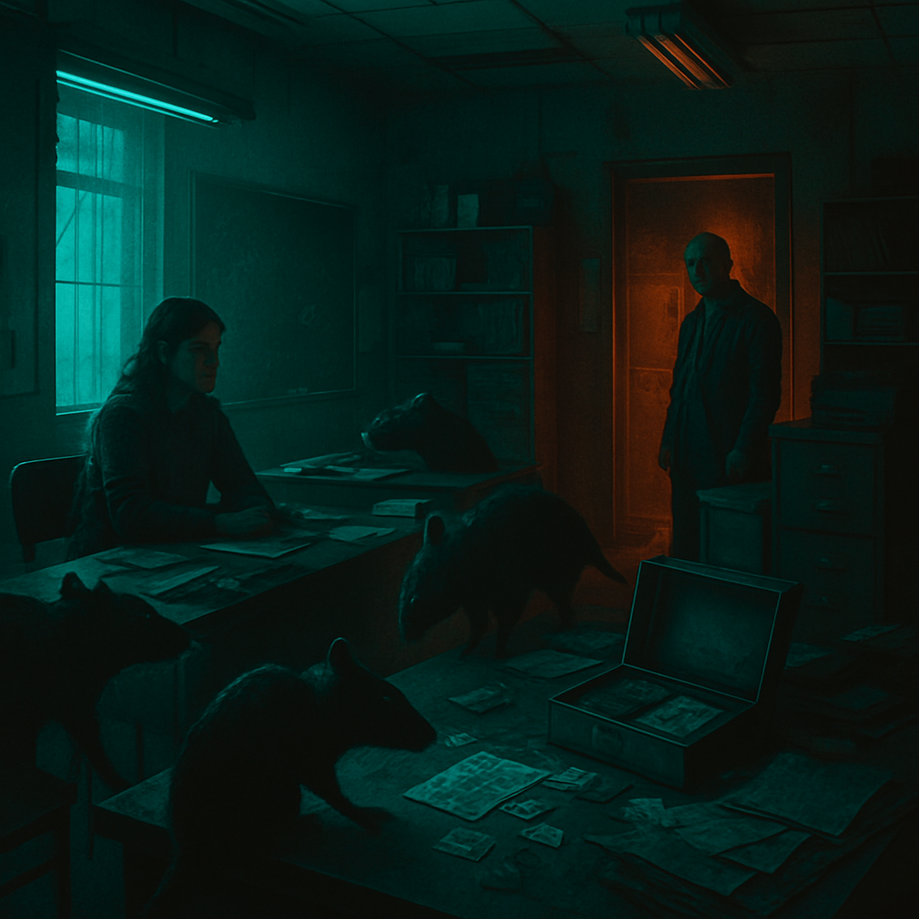 The dream involves returning to a familiar school setting at Palantino, where the dreamer faces issues of security, clutter, and interactions with known people like Danielle and Stapleman. Disturbingly unusual animals appear, and there are feelings of stress and overwhelm.