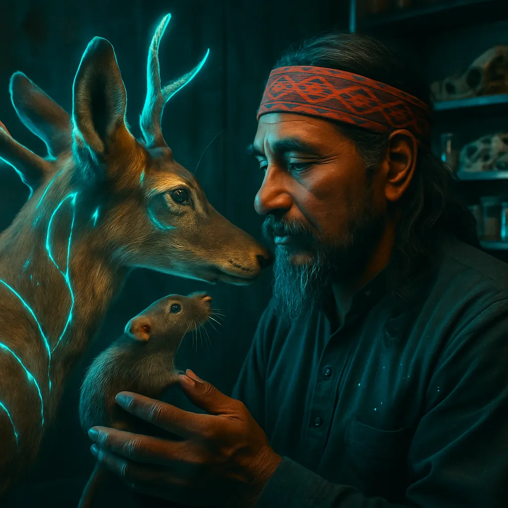 In a house, an Indian man interacts with animals that transform from deer to coyotes. In front of a shelf of ceremonial bones, the dreamer attempts to start a ceremony but is distracted by noises, waking up to find their pet rat making the noise.