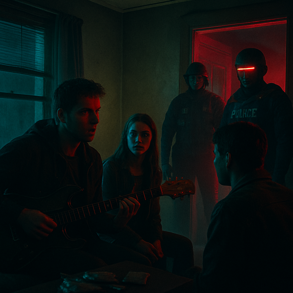 In the dream, the dreamer is selling drugs with others from their house while evading police detection by disguising their activities. They face a conflict between escaping and accepting imprisonment as advised by a girl, highlighting a fear of consequences and feelings of entrapment.