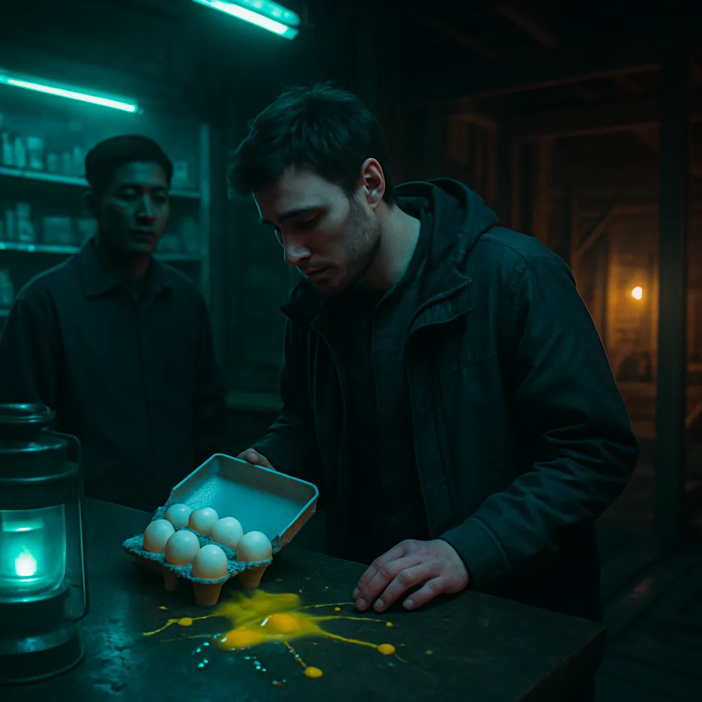 In a dream, the dreamer attempts to buy eggs in a dark store but drops them at the counter, feeling lacking and apologetic. After, they return to a dimly lit wooden house they are remodeling.