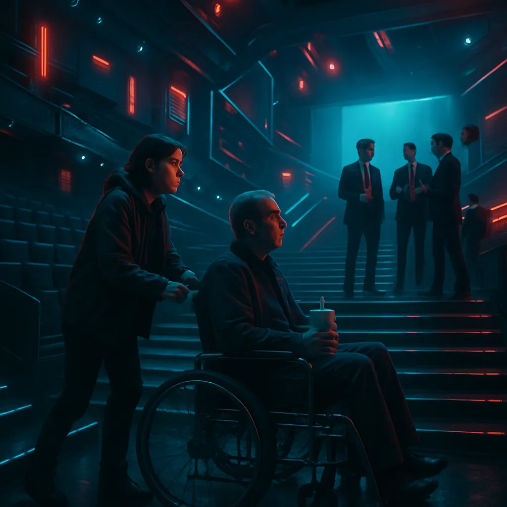 The dream involves taking a patient in a wheelchair to a massive movie theater with many stairs and diverse layouts while dealing with businessmen discussing a deal.