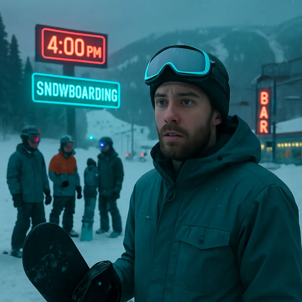 The dreamer oversleeps until 4 PM, believing they missed out on snowboarding with friends and work, but wakes up relieved and ready to snowboard.