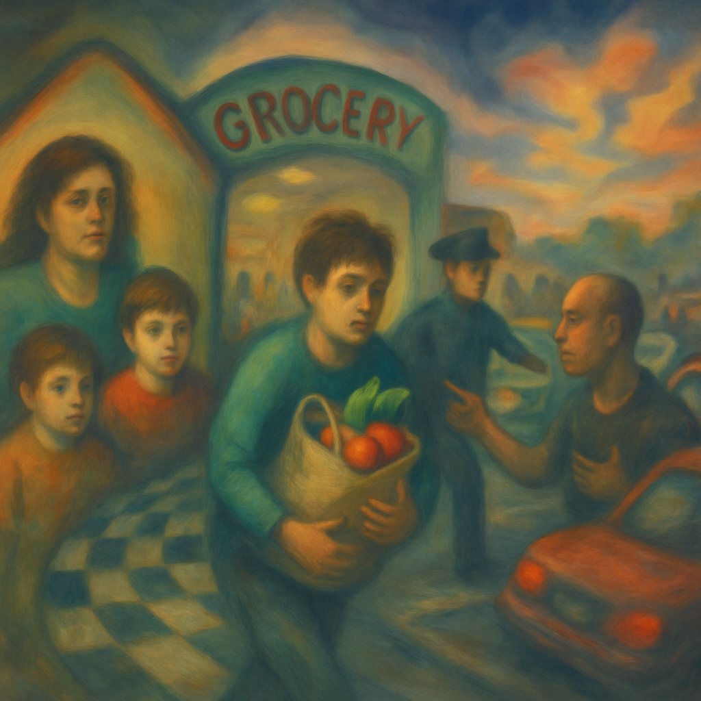 The dreamer is in a house with their mother and younger brothers. They plan a trip to the grocery store, steal groceries with a brother, and encounter chaos and conflict in the store. Confrontations with people and societal rules arise throughout the dream.