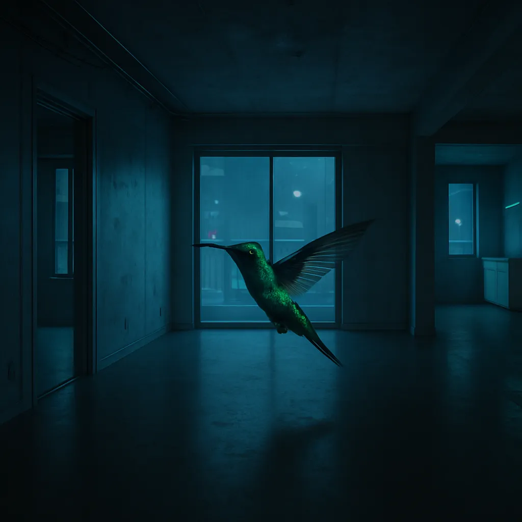 The dreamer sees a hummingbird enter their expanded and empty apartment just before dawn, experiencing a calm, monochrome environment with a hint of color on the hummingbird.