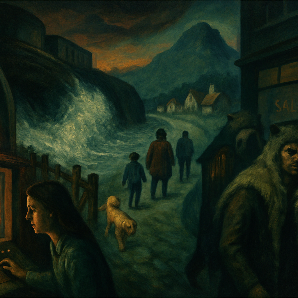 The dream involves a series of scenes where water from a broken dam causes panic and disaster, efforts to rebuild fences and contain chaos, a family walk to a mountain village, urgent needs being unmet at a grocery store, and images of survival and protection among men with wolf pelts.