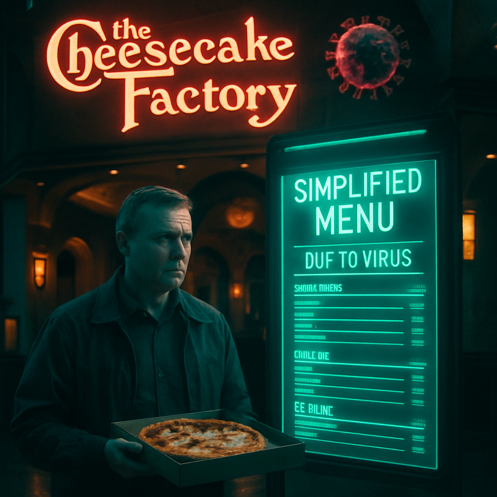 The dreamer visited the Cheesecake Factory with a simplified menu due to the virus and ordered pizza to go in a separate scenario, both driven by concerns related to the virus.