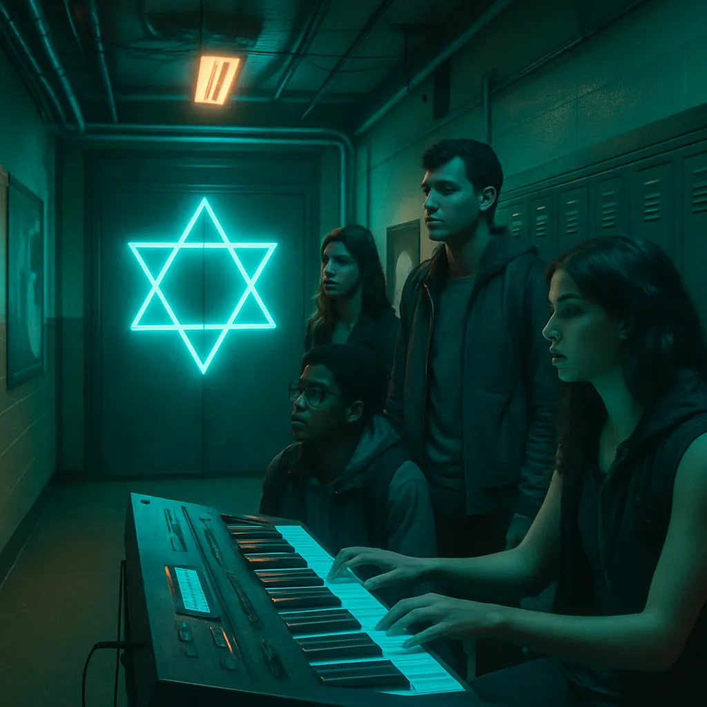 The dreamer is part of a group trying to navigate through a building using clues, including religious symbols, to guide them. The journey is compared to a school project, ending with creating music.