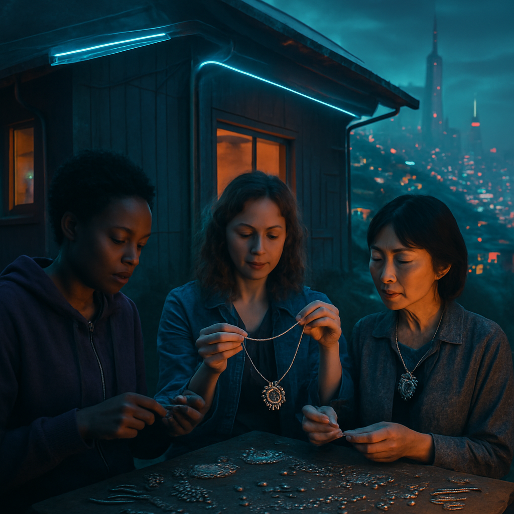 The dreamer was on a hillside at a house, planning to create jewelry with two women. One woman, Japanese, had a necklace resembling one made by the dreamer's grandmother, but it wasn't the same.