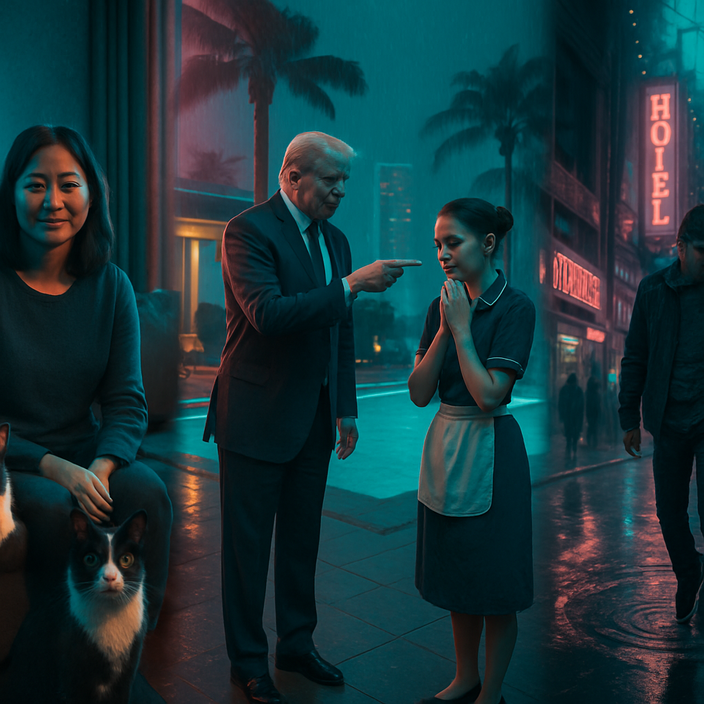 The dream involves the dreamer encountering their wife and cats, including Levi, in a room. They then observe the President at a resort complaining to a maid. Finally, the dreamer navigates through a city, encountering unexpected challenges like stepping into water.