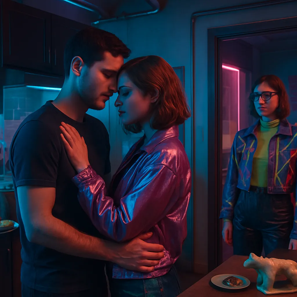 The dreamer was expected to perform at the Iron Horse and found themselves with Martin, leading to a moment of intimacy. Concerns about Dan's awareness of this emerged. The scene shifts to an apartment where they encounter a creative, older lady who offers cookies and an artistic setting. The dream concludes with trying on expressive clothing in a music-conducive room.