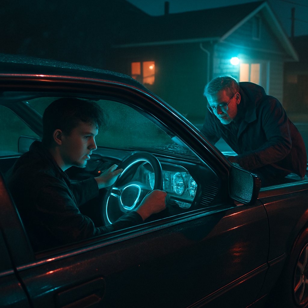 The dreamer was driving their father's car, struggled with the steering wheel, and sought help to fix it.