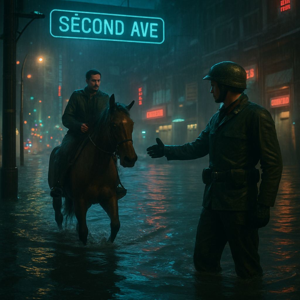 A dream of crossing a flooded roadway with guidance from a military figure, realizing the water is not as deep as it appears.