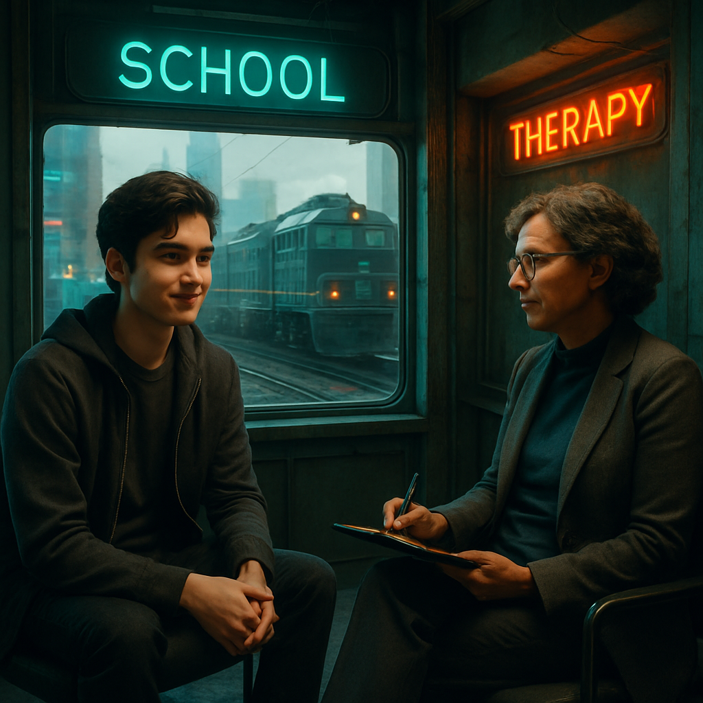 A dream involving a young man resembling Rodney at a school, discussing railroads and creativity with a therapist.